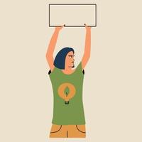 A woman in a green eco-friendly T-shirt holding a sign. The concept of environmental protection. Vector illustration in hand drawn style