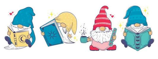 Clipart collection with Cute cartoon gnomes with books. vector