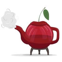 Ceramic kettle or teapot in the form of a large red cherry. With smoke. Flat illustration vector