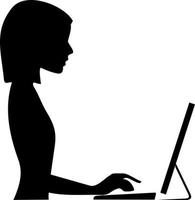 Silhouette Vector Image Of Female Typing On A Computer, Isolated Background.