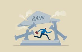 Banking Default and Bank Crisis. Man running out of ruining bank. Illustration vector