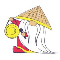 Chinese dwarf in a traditional hat beats the gong vector