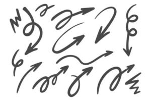 Doodle arrows set. Hand drown lines and curve scribbles. Vector scetch of abstract pointer in different shapes isolated on white background