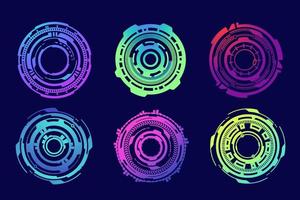 HUD futuristic elements. Abstract optical neon aim. Circle geometric shapes for virtual interface and games. Camera viewfinder for sniper weapon. Vector set