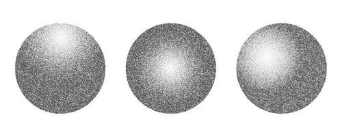 Grainy circles with noise dotted texture. Gradient balls with shadow on white background. Abstract planet sphere with halftone stipple effect. Vector shapes collection