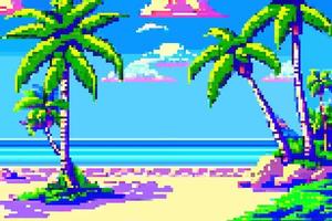 Landscape 8bit pixel art. Summer natural landscape. Summer ocean beach, scenery arcade video game background vector