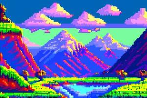 Landscape 8bit pixel art. Summer natural landscape mountain scenery arcade video game background vector