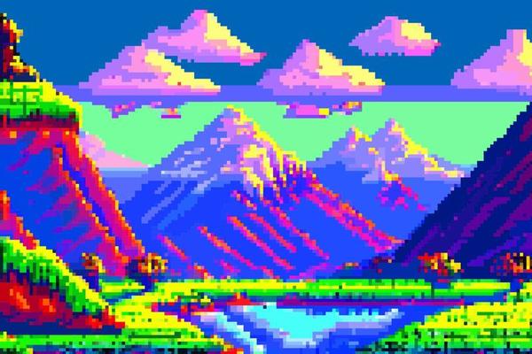 Landscape 8bit pixel art. Summer natural landscape mountain scenery arcade video game background