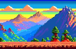 Landscape 8bit pixel art. Summer natural landscape mountain scenery arcade video game background vector