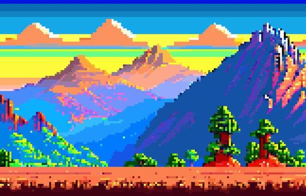 Landscape 8bit pixel art. Summer natural landscape mountain scenery arcade video game background