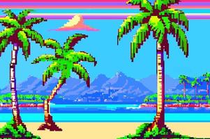 Landscape 8bit pixel art. Summer natural landscape. Summer ocean beach, scenery arcade video game background vector