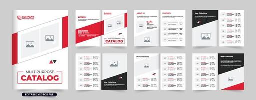 Multipurpose product catalog and business promotional magazine template with photo placeholders. Product sale booklet design for marketing. Product Catalog brochure vector with red and dark colors.