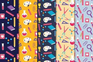 Educational endless pattern decoration set design with pencil, test tube, notebook, etc. Study backdrop pattern collection for wallpaper, book cover, and background. Science pattern texture bundle. vector