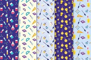 Education pattern bundle vector with purple and white color backgrounds. Science and education pattern collection for backdrops, book covers, and wallpapers. Modern educational pattern set vector.
