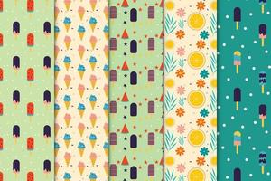 Ice cream repeating pattern decoration bundle for the book cover, wallpaper, and background. Sweet dessert pattern collection with colorful backgrounds. Popsicle endless pattern set vector. vector