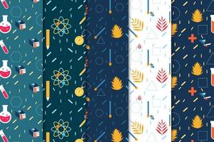 Abstract science and education pattern bundle design with dark backgrounds. Seamless study pattern collection vector for backdrops. Endless minimal pattern set design for book covers and wallpapers.