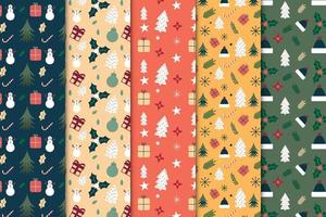 Creative seamless pattern bundle decoration on dark and red backgrounds. Christmas endless pattern collection with snowman, pine tree, and gift icons. Christmas abstract pattern set for gift cards. vector