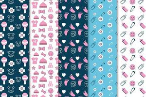 Seamless childish pattern collection with baby toys, heart shapes, and baby feeder icons. Endless baby pattern bundle decoration with dark and white backgrounds. Minimal childish pattern set vector. vector