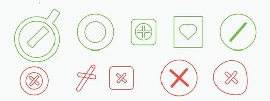 Green check and red cross mark set. Hand drawn doodle sketch style. Vote, yes, no drawn concept. Checkbox, cross mark with square, circle element. Vector illustration