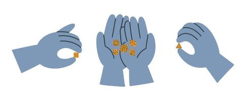 Hand-drawn doodle hands with dice set. Simple doodle vector colored illustration