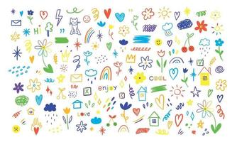 Hand drawn colored set of simple decorative elements. Various icons such as hearts, stars, speech bubbles, arrows, lines isolated on white background. vector