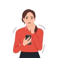 Frustration, broken phone, problems in communication concept. Worried concerned girl cartoon character looking at her phone screen cracked and shattered to pieces or feeling bad with message vector