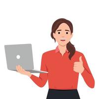 Young woman holding laptop computer and thumbs up gesture. Trendy girl using gadget and showing good or like sign. vector