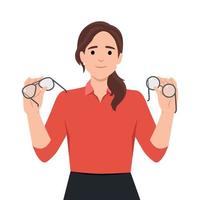 Woman holds glasses and lenses in hands choosing convenient and useful product for eye care. Portrait of smiling girl ophthalmologist offering various ways to improve vision vector