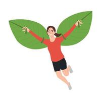 joven mujer volador en hojas alas, representando ecoturismo y viajes ecológicos vector