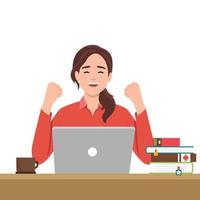 Excited beautiful woman using laptop computer sitting on the desk vector