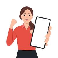 Woman showing at blank screen mobile phone and hand gesture success for win money reward vector