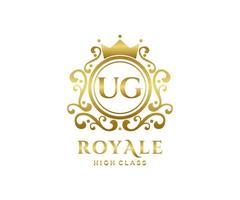 Golden Letter UG template logo Luxury gold letter with crown. Monogram alphabet . Beautiful royal initials letter. vector