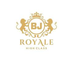 Golden Letter BJ template logo Luxury gold letter with crown. Monogram alphabet . Beautiful royal initials letter. vector