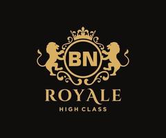 Golden Letter BN template logo Luxury gold letter with crown. Monogram alphabet . Beautiful royal initials letter. vector