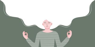 A woman smiling and doing mindfulness meditation, mental health concept. flat vector illustration banner.