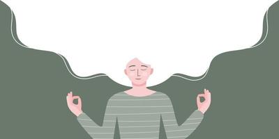 un mujer sonriente y haciendo atención plena meditación, mental salud concepto. plano vector ilustración bandera.