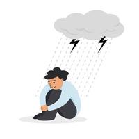 un ansioso y preocupado hombre sentado debajo tormenta nubes, plano vector ilustración.