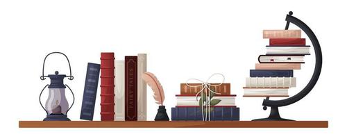 Bookshelve with stack of books, lantern with candle, globe, inkwell with a quill. Bookstore, bookshop, library, book lover, bibliophile, education. for poster, banner, website vector