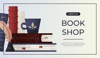 Promo banner with stack of books with cup of tea, inkwell. World book day. School books pile. Bookstore, bookshop, library, book lover, bibliophile, education. for poster, cover, advertising vector