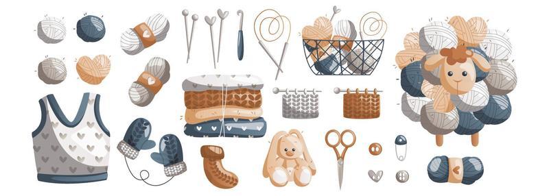 Set of basket with balls of wool, needles, crochet hook, scissors, pin, clothes, toy rabbit. Skein of yarn. Tools, equipment for knitwork, handicraft. Handmade needlework, hobby.Knitting studio.