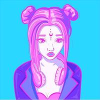 Digital art of a cyber neon woman in a leather jacket and a pair of headphones. Scifi synthwave girl with pink and blue colors. vector