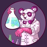 Conceptual art of a scientist panda holding a chemistry flask full of blue liquid. Chemist doctor bear vector in a lab robe and rubber gloves doing experiments.