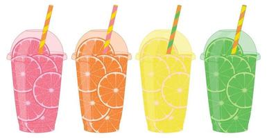 cinco el plastico tazas con Fruta rebanadas naranja, limón, verde limón, pomelo y agrios frutas color ilustración. vector