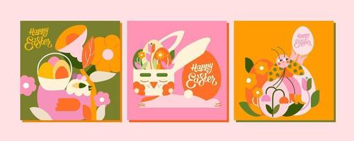 3 ilustraciones para un contento Pascua de Resurrección día en cálido, primavera colores. un pollo, un mariquita, un conejito y muchos Pascua de Resurrección huevos. genial para saludos, tarjetas y más vector