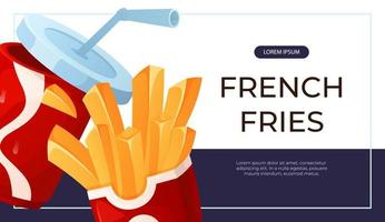 Promo banner with fast food flying fries, soda cola cup. Street takeaway cafe, cooking, junk food. King size, classic american traditional cartoon snacks meals. for cover, poster, flyer, menu vector