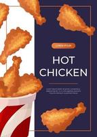 Promo flyer with fast food bucket of fried chicken drumsticks. Street takeaway cafe, cooking, junk food. King size, classic american traditional cartoon snacks meals. A4 for banner, poster vector