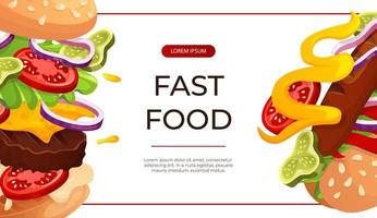 Promo banner with fast food flying hot dog and burger. Street takeaway cafe, cooking, junk food. King size, classic american traditional cartoon snacks meals. for cover, poster, flyer, menu vector