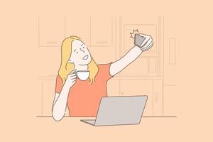 selfie interior, joven mujer tomando imágenes concepto vector