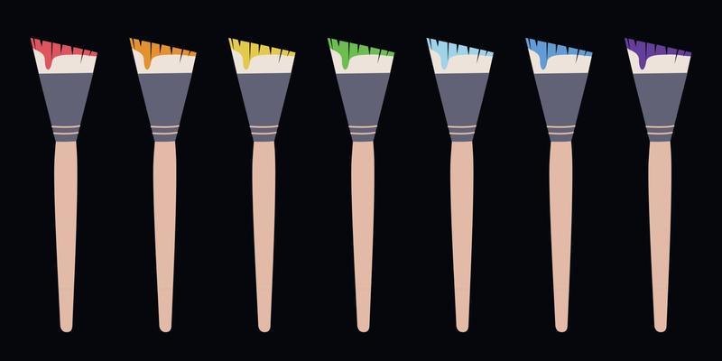 Flat vector painting tools in childish style. Hand drawn art supplies, brushes with multicolored paint