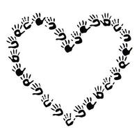 Flat vector painting tools in childish style. Hand drawn heart shaped frame of palm prints